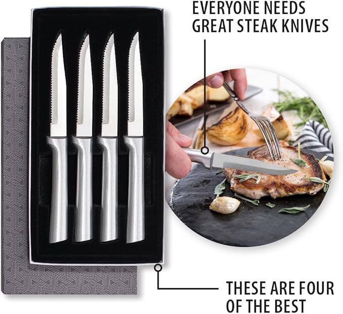 Rada Silver Handled Serrated Steak Knife Set of 4